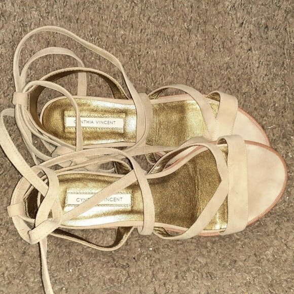 CYNTHIA VINCENT-Patience-Latte Suede-Ties-Mini Wedge Flat Sandals-Sz 8-Excellent - Picture 4 of 5
